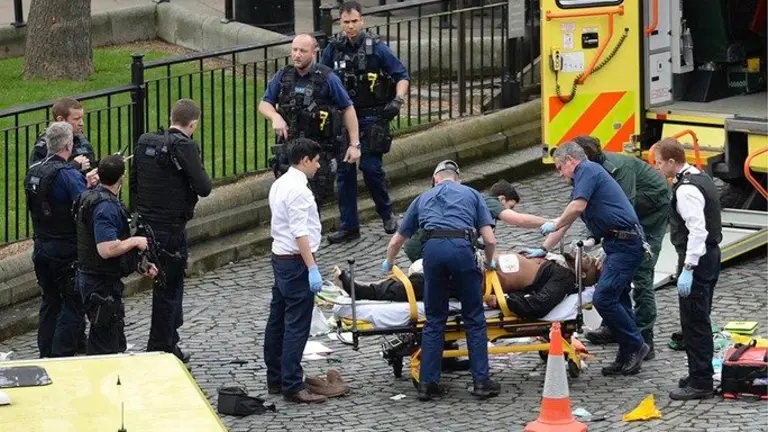 Emergency services at the scene outside the Palace of Westminster, London, after policeman has been stabbed and his apparent attacker shot by officers in a major security incident at the Houses of Parliament.